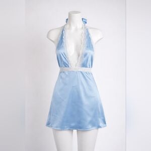 Hello Molly Blue Satin Halter Shift Mini Dress Lace Trim Open Back